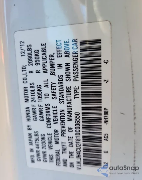 2013 Acura Tsx Se from USA, damaged, VIN JH4CU2F81DC006550